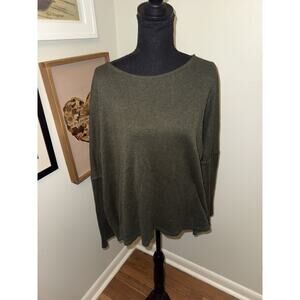 Large Olive Green Knit Sweater Top Long Sleeve Drop Shoulder Relaxed Dress Up